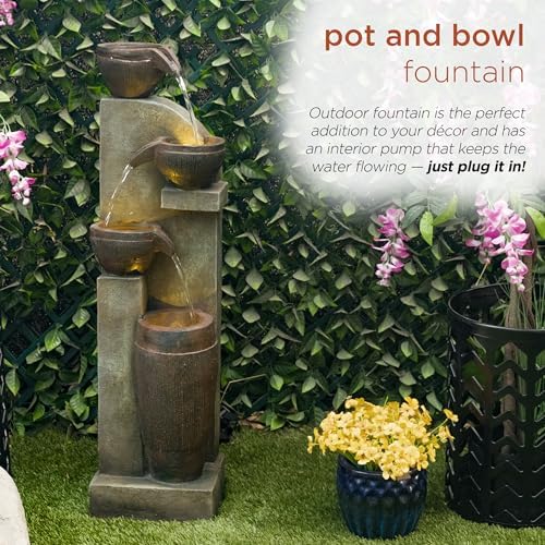 Alpine Corporation 40” Tall Indoor/Outdoor 4-Tier Fountain with LED Lights, Cascading Pot and Bowl Water Feature, Elegant Waterfall for Garden, Patio & Home, Brown - Image 4