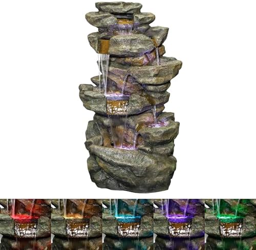 Alpine Corporation 51" Tall 6-Tier Outdoor Rainforest Waterfall Floor Fountain, Weather-Resistant Design with Color-Changing LED Lights & Remote Control, Gray by Unknown