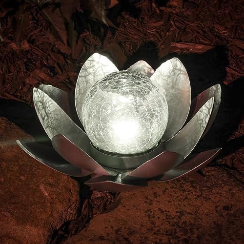 MCSLOTUS-S Silver Lotus Flower Solar LED Garden Light with Crackled Glass Globe – Waterproof Metal Outdoor Décor by Unknown
