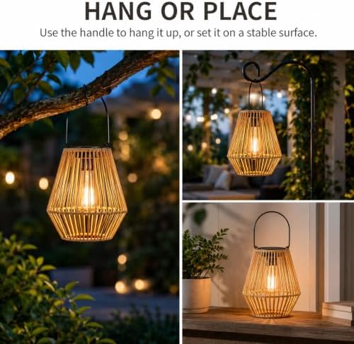 Handwoven Rattan Solar Lantern, Outdoor Hanging Solar Light with Warm LED Glow, Weather Resistant Wicker Style Lamp for Patio, Garden, Yard, Porch, Balcony, Deck and Gazebo Decor (2Pcs) - Image 5