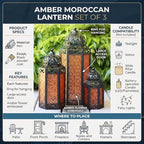 VELA LANTERNS Set of 3 Amber/Orange Glass & Black Metal Moroccan Candle Lantern Holders (XL, Large, Small) - Decorative Indoor/Outdoor Decor for Patio, Floor, Weddings & Ramadan - Image 5