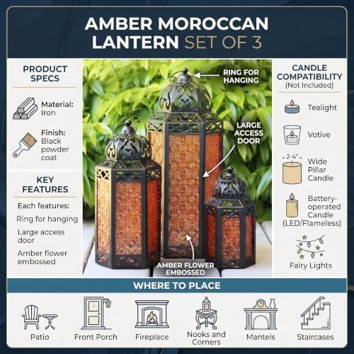 VELA LANTERNS Set of 3 Amber/Orange Glass & Black Metal Moroccan Candle Lantern Holders (XL, Large, Small) - Decorative Indoor/Outdoor Decor for Patio, Floor, Weddings & Ramadan - Image 5