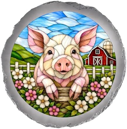 Magnolia Garden 10-Inch Farmhouse Pig Stepping Stone - Faux Stained Glass Country Barn Garden Stone, Weather-Resistant Resin Pathway Accent, Rustic Farm Animal Outdoor Yard Decor & Walkway Plaque by DicksonsGifts