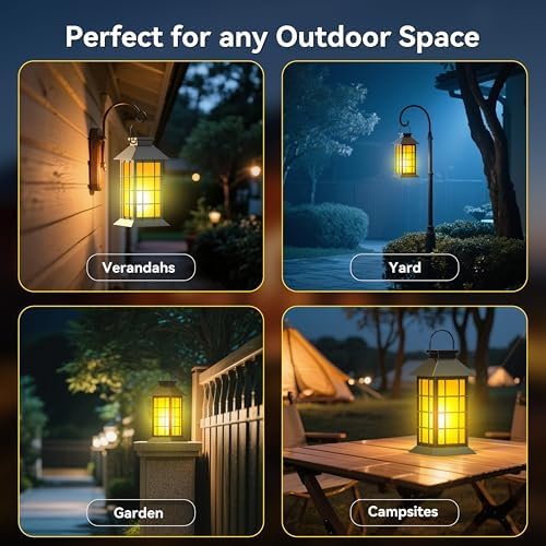 2 Pack 13" Black Solar Lantern with Flickering Flame Candle | Outdoor Waterproof Hanging Solar Lanterns, Metal & Glass Lights for Garden Decoration, Rustic Gifts for Mom - Image 3