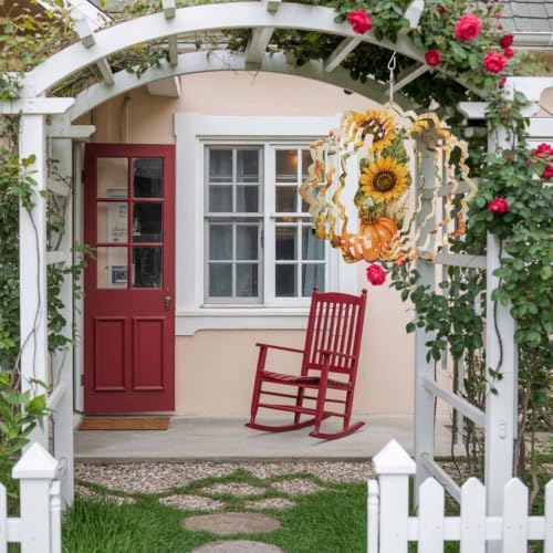 12 Inch Fall Thanksgiving Pumpkins Wind Spinner for Yard and Garden,Fall Maple Leaf Sunflowers Plaid Hanging Ornaments Outdoor 3D Kinetic Wind Sculpture Spinners Indoor Outdoor Patio Décor Gift - Image 4