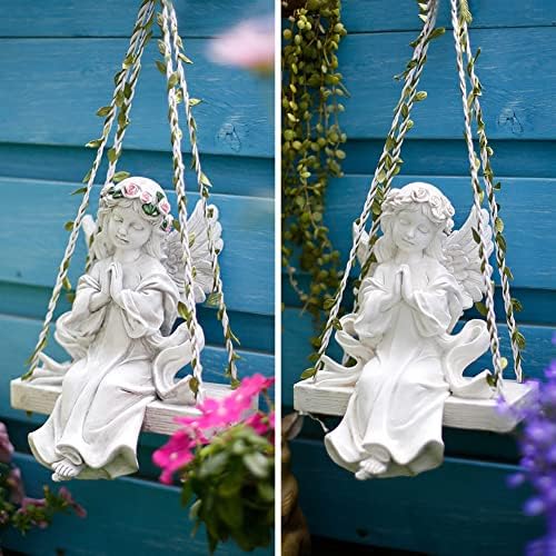 Fairy Garden Angel Figurine Hanging - Angel On a Swing Statue Girl Praying Sculpture Fairy Angel Ornament for Indoor Outdoor Decoration Coloured - Image 4