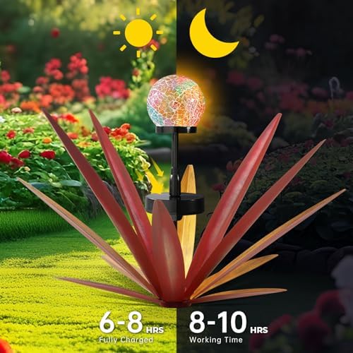 2Pack Tequila Rustic Sculpture Metal Yard Decor with Solar Mosaic Light, 21Inches Height Hand Painted Metal Agave Garden Statue Red - Image 3