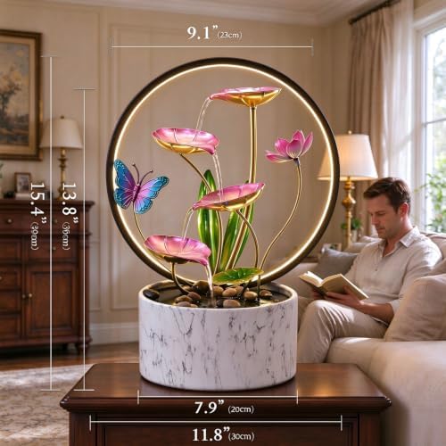 15 Inch H Tabletop Zen Water Fountain with LED Light, Indoor Lotus Waterfall Feature for Meditation Yoga Spa, Decor for Desk, Bedroom, Living Room & Office - Image 2