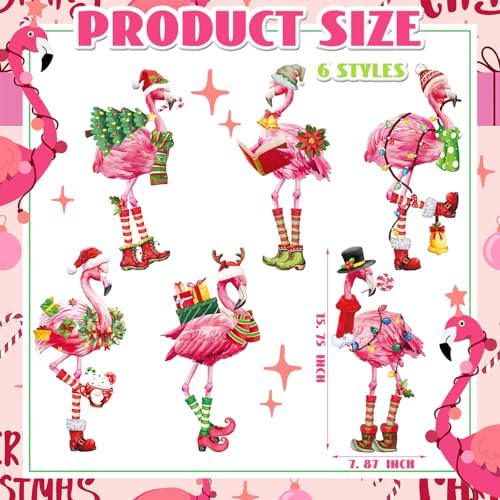 MorningRo 6 Pack Metal Christmas Flamingo Yard Decorations Sturdy Weatherproof Pink Flamingo Yard Stakes for Christmas Event Decoration Outdoor Yard Garden Holiday Winter Decor - Image 2