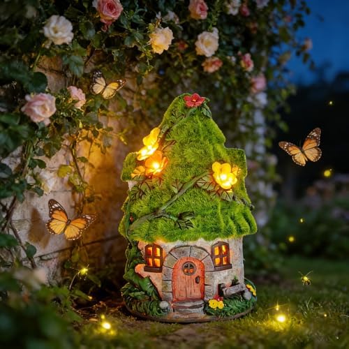 COWOS Solar Powered Mossy Fairy Cottage with LED Lights - Resin Miniature Garden House, Waterproof Outdoor Statue for Patio, Yard, Lawn, Gift for Garden Lovers & Kids - Image 6