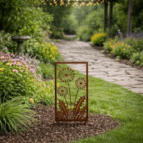 Rusted Steel Dandelion Garden Panel - 15.74-Inch Outdoor Standing Screen for Lawn & Courtyard, Modern Rustic Metal Art with Dandelion Decor, Balcony & Entryway Accent by Unknown