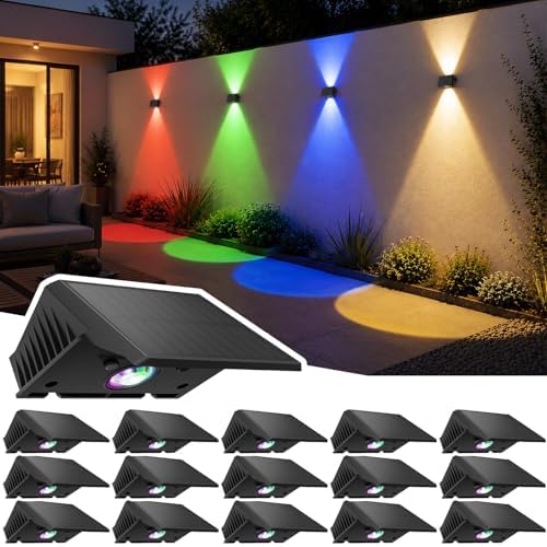 Fence Lights Solar Powered, Multicolor Solar Wall Lights Outdoor Waterproof IP67, Up and Down Solar Fence Lights Outdoor Dusk to Dawn for Patio, Garden, Backyard, Porch, Pathway, Festival (16 Pack) by Delaiglow