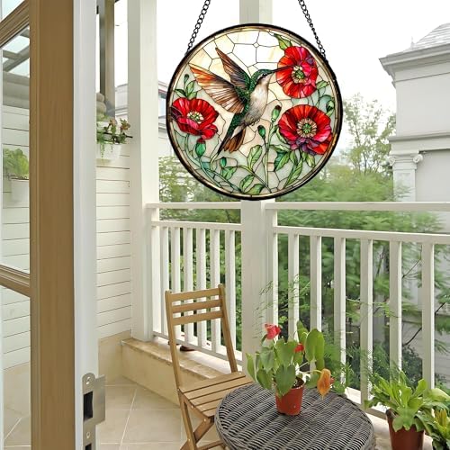 Stained Glass Window Hanging - Green Hummingbird Red Flower Suncatcher for Door Terrace Garden Home Decor Bird Landscape Sun Catcher Birthday Gifts for Lovers Women Men Dad Mom Nana 15 in - Image 6