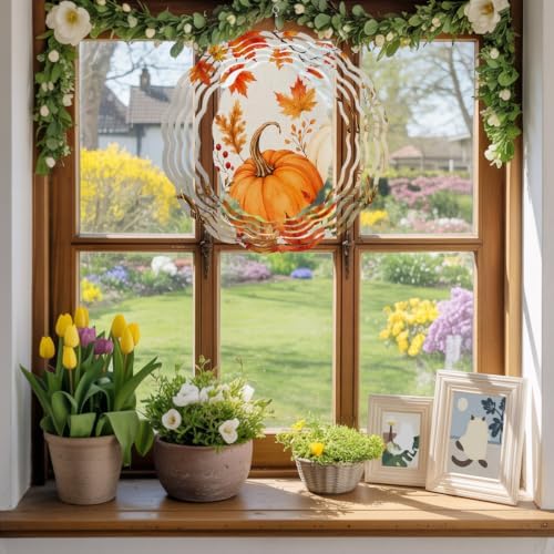Fall Pumpkin Wind Spinner for Yard and Garden, Rustic Maple Leaf Autumn Thanksgiving Hanging Wind Spinner Outdoor 3D Kinetic Wind Sculpture Spinners Indoor Outdoor Patio Décor Ornaments Gift 10 Inch - Image 5