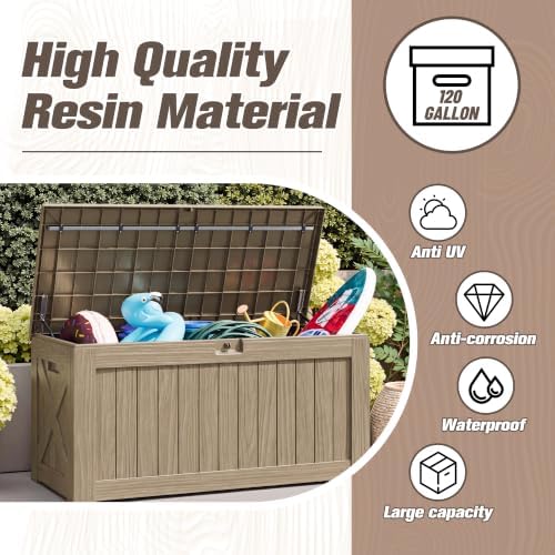 JUMMICO 120 Gallon Resin Deck Box, Large Outdoor Storage Box Waterproof & Lockable for Garden, Patio, Pools (Light Brown) - Image 3