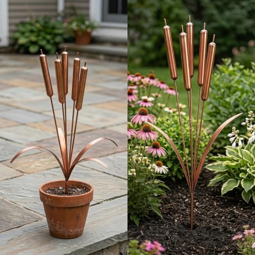 2026 Cattail Wind Chimes Copper Garden Stake, Handmade 20inch Large Metal Flower Plant Sculpture Yard Art Decor Vintage Rustic Bells Ornament Kinetic Wind Sculpture 19.69in 3pcs - Image 5