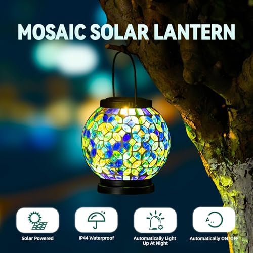 VOREEN Mosaic Solar Lanterns, Handmade Outdoor Glass Hanging Light, Waterproof Solar Table Lamp, Gift for Mom Wife Friend, Decor for Garden, Patio, Yard, Balcony, Green & Yellow, Leaves Pattern - Image 2