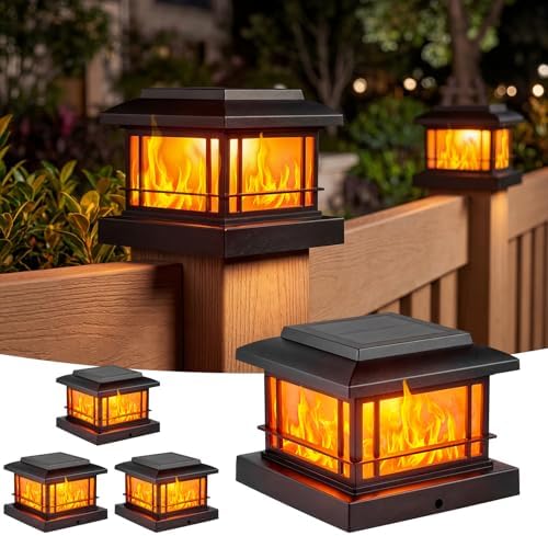 JOFIOS Flickering Flame Solar Post Cap Lights Outdoor, Black Post Lights with 3 Color Temperature, Fits 3.5" 4" 4.5" 5" Wood/Vinyl Posts, IP64 Waterproof Fence Deck Lights for Garden Patio Yard 4 Pack by JOFIOS