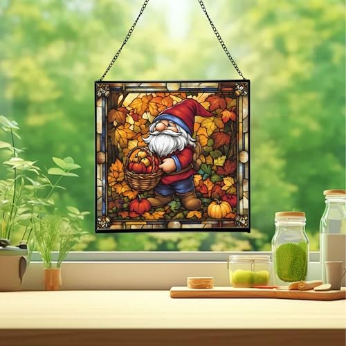 Autumn Harvest Gnome Stained Glass Suncatcher – Square Hanging Window Panel for Home or Greenhouse – Whimsical Glass Art Gift for Garden Lovers, Christmas, Halloween, Father Days NXugt7 - Image 2