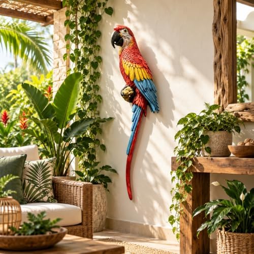 Hanging Scarlet Macaw Garden Statue, Hand Painted Resin Bird Decor by Guioiby