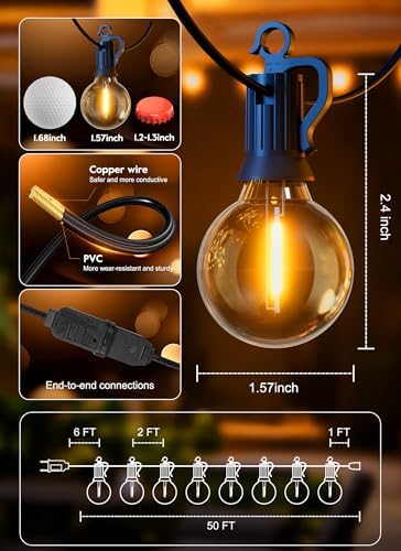 Outdoor String Lights, 50FT 25 LED Bulbs String Lights, IP65 Waterproof Connectable G40 Outside Patio Light for Backyard Porch Balcony Garden Decor Christmas Camping Gazebo - Image 7