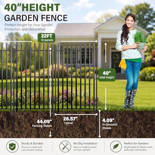 No Dig Decorative Garden Fence, 40in(H)×22ft(L), 10 Panels with Gate - Image 2