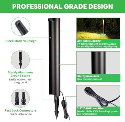 Low Voltage Pathway Lights, LED Landscape Path Lights, Outdoor Waterproof IP65, Wired Black Aluminum, 5W 200LM for Walkway Sidewalk 4 Pack - Image 5