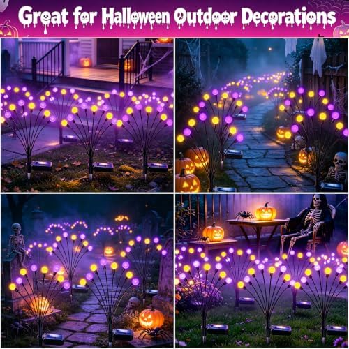 Kohlrabi Halloween Decorations Outdoor, 4 Pack 32 LED Purple and Orange Solar Firefly Lights Waterproof, Sway by Wind, Solar Wind Swaying Light for Garden Yard Patio Pathway Decoration - Image 6