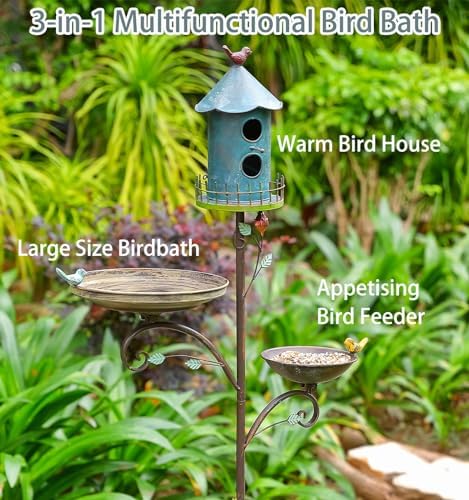 Metal Bird Bath Feeder and Houses for Outdoors, Birdbaths for Outside with 4-Prong Stake, 3 in 1 Free Standing with Blue House on Pole for Garden Patio Yard Lawn - Image 2