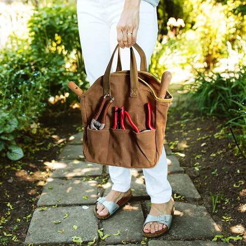 Garden Tool Bag - 12x14” Heavy Duty Waxed Canvas Tote Bag Caddy with 6 Interior and 3 Exterior Pockets for Organizing Gardening Tools - Gardening Gifts for Women and Men by Kings County Tools - Image 5