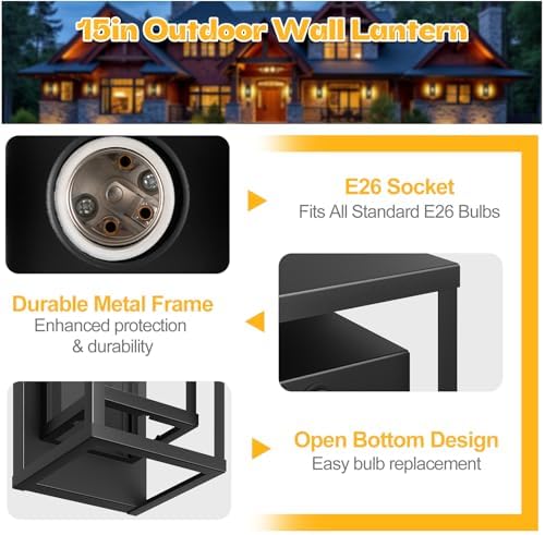 15" Outdoor Wall Lights 2 Pack Large Exterior Lighting Fixtures - Image 2