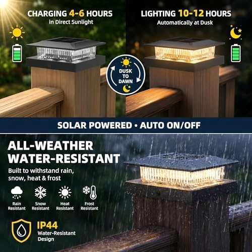 16 Pack Solar Post Cap Lights 4x4, Dual-Color Waterproof Fence Post Solar Lights, Fits 4x4 Vinyl or 3.5x3.5 Wood Posts, Dusk to Dawn Outdoor Lighting for Deck, Garden & Porch Decor, Black - Image 5