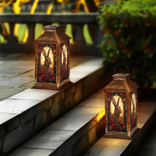 Solar Lantern Rabbit Portrait Stained Glass Style Roses Vintage Flowers Outdoor Waterproof Hanging Solar Light Outside Lights for Patio Yard House Lawn Decor Birthday Gifts for Women Mom - Image 6