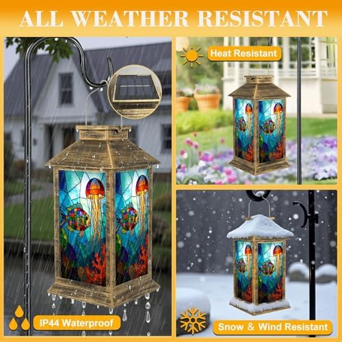 Solar Lantern Outdoor Waterproof Stained Glass Fish Jellyfish Vibrant Colors Garden Decor LED Hanging Solar Lights Tabletop Lamp Gifts for Women Mom Outside Yard Patio Porch - Image 3