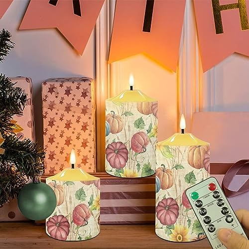 Cozeyat Flameless Candles with Remote Aesthetic Indoor Decor Pumpkin Print Electric LED Candles for Thanksgiving Day Flickering Pillar Tea Lights Candles Battery Operated Set of 3 - Image 5