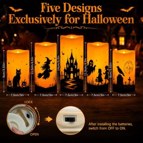 5 Pack Halloween Flameless Candles, Orange, Waterproof LED Pillar - Image 2