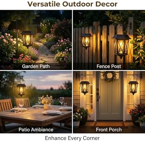 Solar Lanterns Outdoor Waterproof, Hanging Solar Lights with Glass Shade - 2 Pack LED Metal Wall Mount Outdoor Light for Yard/Garden/Patio - Black - Image 6