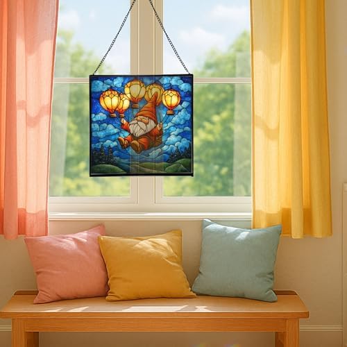 Gnome with Lantern Balloons Stained Glass Suncatcher – Square Hanging Window Panel for Home or Greenhouse – Whimsical Glass Art Gift for Garden Lovers, Christmas, Halloween, Father Days zvm4QW - Image 5