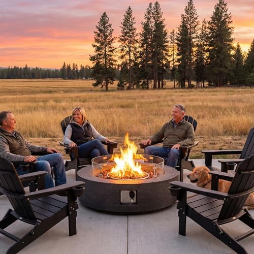 COSIEST 42 inch Outdoor Propane Fire Pit Coffee Table w Concrete Round Base Patio Heater, Certified, 50,000 BTU Stainless Steel Burner, Free Lava Rocks, Wind Guard, Rain Cover, Gray - Image 3
