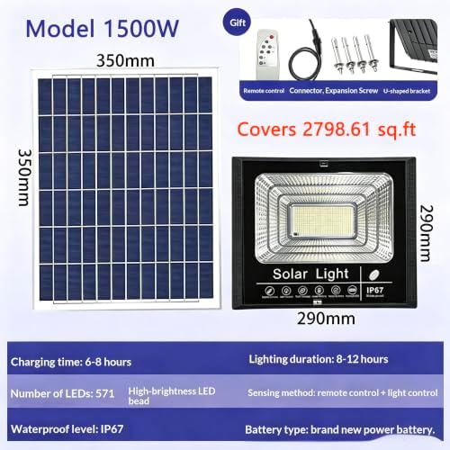 Solar Flood Light, IP67 Waterproof LED Security Light, Auto Dusk to Dawn, Wall Mount Outdoor Floodlight for Yard, Garden, Patio, Street (White, Model 1500W) - Image 2