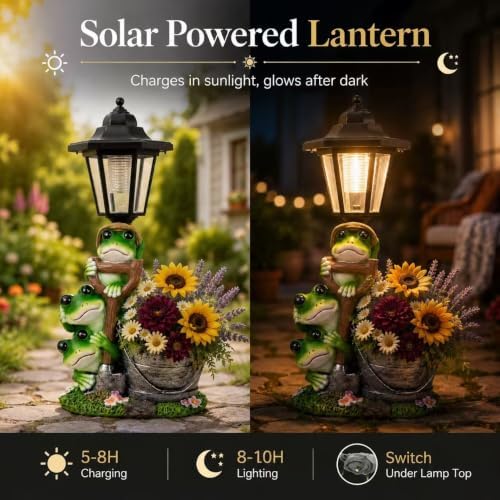 Solar-Powered Frog Outdoor Statue with Planter & Solar Lantern - Image 3
