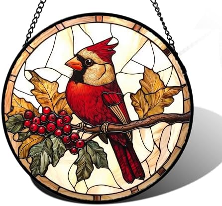 Festive Cardinal Berry Stained Glass Window Hanging Suncatcher Gifts 9.8" by DASTOLL