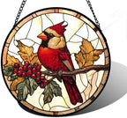 Festive Cardinal Berry Stained Glass Window Hanging Suncatcher Gifts 9.8" by DASTOLL