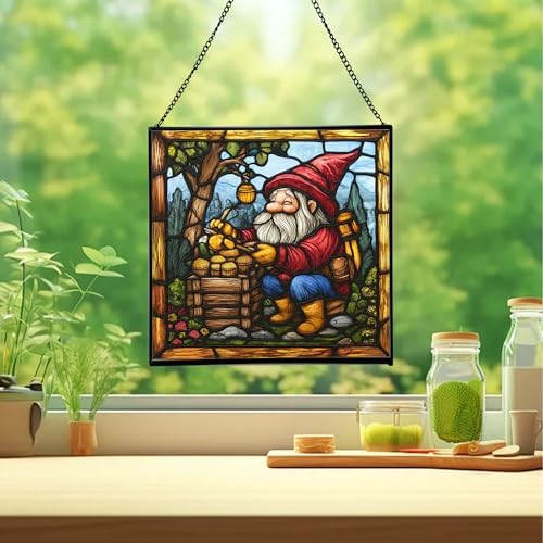 Gnome Beekeeping Stained Glass Suncatcher – Square Hanging Window Panel for Home, Garden, Nursery, Halloween, Christmas, Memorial Day – Whimsical Glass Art Gift for Gnome Lovers ccp1uh - Image 2