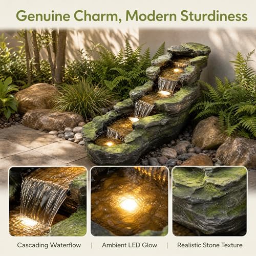 Rock Waterfall Fountain with LED Light, Resin Outdoor Garden Water Feature - Image 3