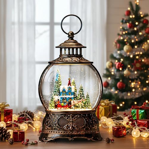 Christmas Village Snow Globe Water Lantern with Horse and Town Scene Battery Operated or USB Powered Musical Lighted Holiday Decoration for Tabletop Display for Family and Friends by XPSCOCO
