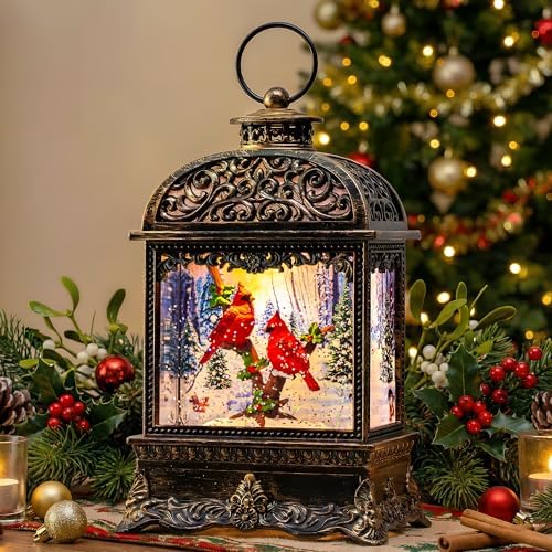 Christmas Snow Globe Water Lantern with Cardinal Scene Battery Operated or USB Powered Musical Lighted Holiday Decoration for Tabletop Display for Family and Friends by XPSCOCO