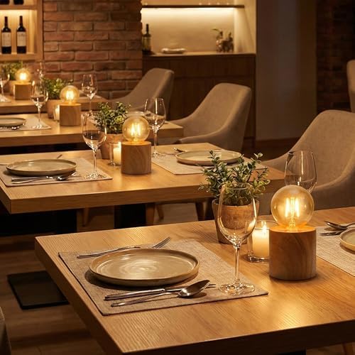 JHY DESIGN Set of 4 Wood Grain Table Lamp 6.5" Tall Cordless Lamp Light with Edison Style Bulb and 6 Hours Timer Battery Operated Lamp Great for Living Room Weddings Parties Patio Indoors Outdoors - Image 2