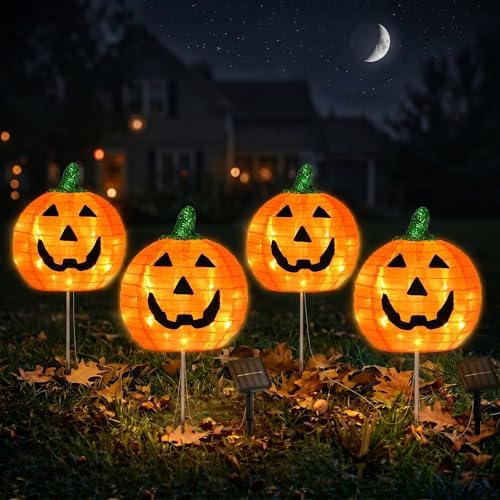BRIGHTDECK Halloween Solar Pathway Lights Outdoor, LED Decor, Light Up Solar Stake Lights for Holiday, Halloween, Walkway, Sidewalk (Foldable Pumpkin, 4-Pack) - Image 2