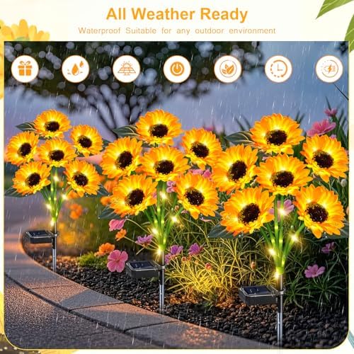 ZFNN Solar Garden Lights Outdoor, 4 Pack Sunflower Lights, Waterproof Decor - Image 3